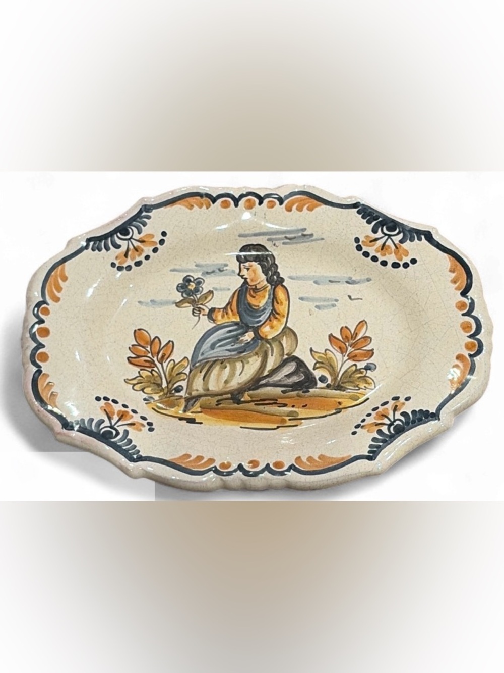 Antique Italian Majolica Faience Serving Plate Hand Painted Girl Woman w Flowers